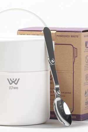 16oz Food Thermos for Hot Food Kids Lunch Container with Spoon. 316L Stainless Steel Small Thermal School Lunchbox Leak Proof Travel Soup Thermos Insulated Food Jar for Adult Camping. (White)