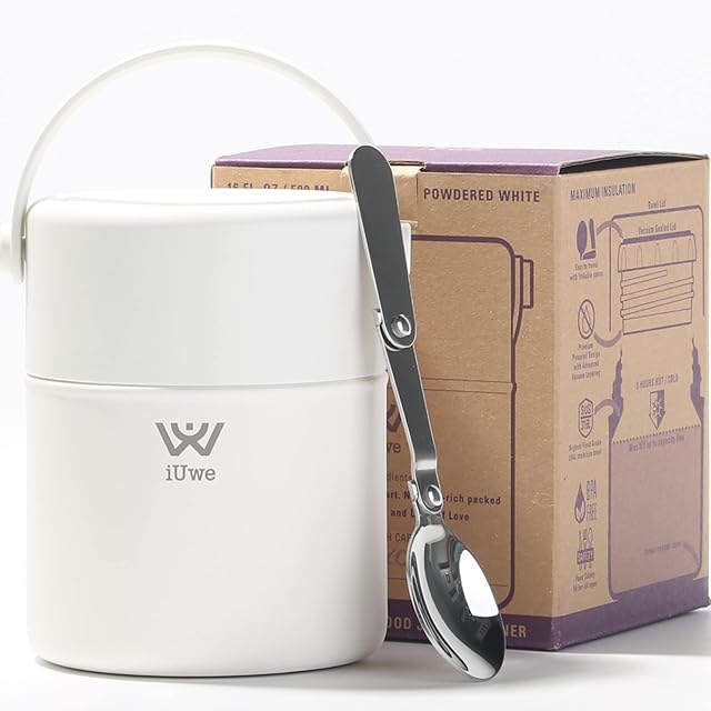 16oz Food Thermos for Hot Food Kids Lunch Container with Spoon. 316L Stainless Steel Small Thermal School Lunchbox Leak Proof Travel Soup Thermos Insulated Food Jar for Adult Camping. (White)