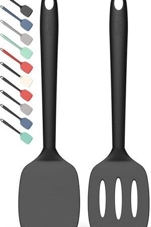 Coukre 2 Pack Silicone Spatula Set, High Heat Resistant, BPA Free Kitchen Spatula, Solid & Slotted Turner for Non-Stick Pans, Sautéing, and Flipping (2, PureBlack)