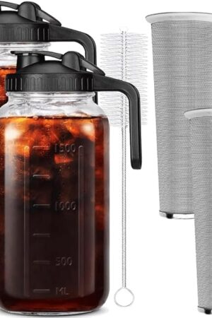 2 Set 64 oz (2 Quart), Black Cold Brew Coffee Maker, Iced Tea Machines, Thick Glass with Pour Spout Handle Lid, Stainless Steel Filter for Iced Coffee, Fruit Drinks or Sun Tea (2)