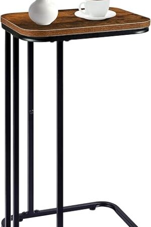 C Shaped End Table, Metal Frame, 27 Inches High, Rustic Brown & Black