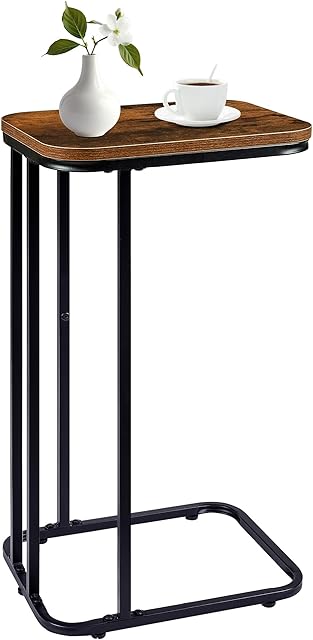 C Shaped End Table, Metal Frame, 27 Inches High, Rustic Brown & Black