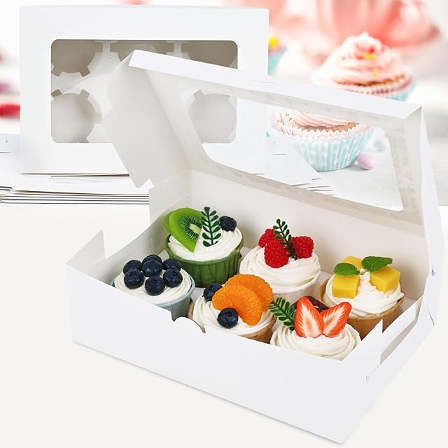 VGOODALL 6PCS White Cupcake Boxes, 6 Count Cupcake Containers with Window Holding 36 Pastry Box for Birthday Holiday Party Bakery Supplies