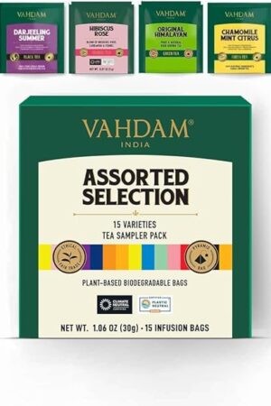 VAHDAM, Assorted Tea Sampler (15 Different Variety in Individually Wrapped Pyramid Tea Bags) Long Leaf Premium Teas I Teas Gift Set I Ideas for Tea Lovers | Gifts for Women & Men