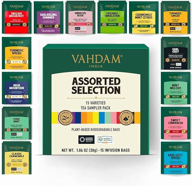 VAHDAM, Assorted Tea Sampler (15 Different Variety in Individually Wrapped Pyramid Tea Bags) Long Leaf Premium Teas I Teas Gift Set I Ideas for Tea Lovers | Gifts for Women & Men