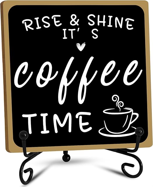 Wooden Coffee Bar Sign Coffee Bar Decor, Coffee Bar Decorations Black and White with Iron Stand Bar Tabletop Shelf Accessories, Coffee Signs Decors for Coffee Station Home Farmhouse Kitchen & Office