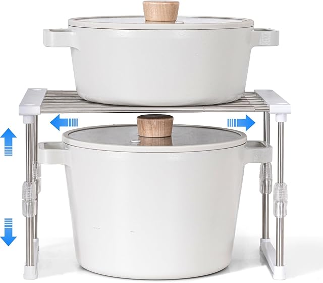 carrotez Expandable Cabinet Organizer Stackable Kitchen Counter Shelf Kitchen Cabinet Organizer Shelf, White, 11.8~19.6 x 7.8 x 5.9~9"