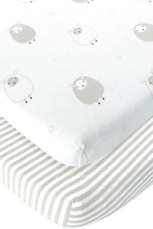 Cuddly Cubs Pack n Play Sheets 2 Pack Pure Jersey Cotton Sheep and Stripe Grey