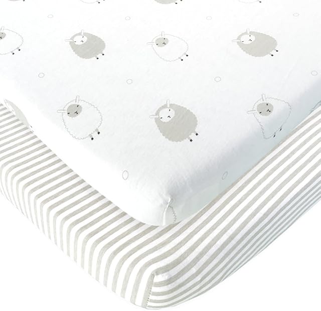 Cuddly Cubs Pack n Play Sheets 2 Pack Pure Jersey Cotton Sheep and Stripe Grey