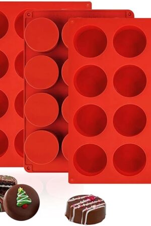 3Pcs Oreo Cookie Chocolate Silicone Molds, 12-Cavity Round Chocolate Cookie pans for Candy, Silicone Baking Molds for Mini Cakes, Jelly and Muffin Baking (red)
