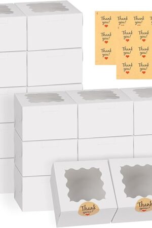 WINKIO 24pcs White Cookie Boxes, 4x4x2.5 Inches Bakery Boxes with Window, for Mini Cake Treat Dessert Pastry Donuts Macaroon Strawberries Chocolate Candy (with Stickers)