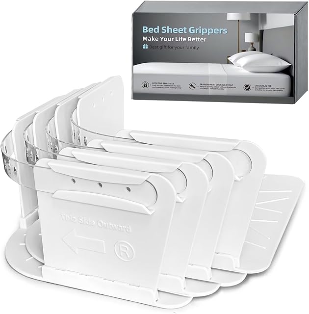 Bed Sheet Holders for Corners Keep Sheets Firm & Tight, Fitted Heavy Duty Mattress Sheet Corner Fasteners with Lock Straps, No More Loose Sheets & Easy Installation( Set of 4 White)