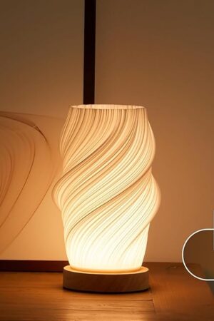 Bedside Lamp with Woodbase - Button Control Table Lamp for Bedroom 12 Way Dimmable Nightstand Lamp with PLA Lampshade for Living Room, Kids Room, College Dorm, Office (White-E, Medium)