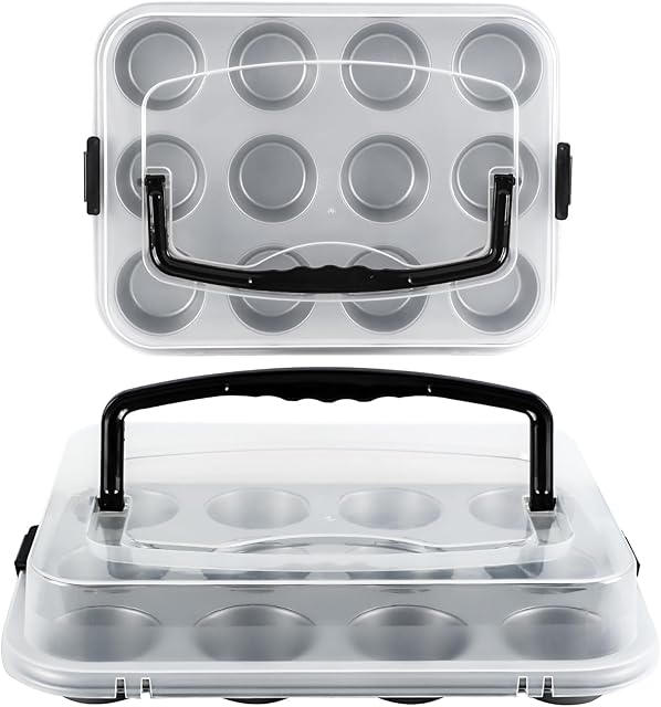 2-Pack Cupcake Pan with Lid, 12-Cup Nonstick Muffin Pan with Handle – Cupcake Carrier for Baking & Transporting, Perfect for Party, Holiday, Gathering