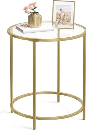 VASAGLE Round Side Table Glass End Table with Metal Frame, Gold Coffee Table Gold Color