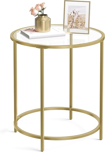 VASAGLE Round Side Table Glass End Table with Metal Frame, Gold Coffee Table Gold Color