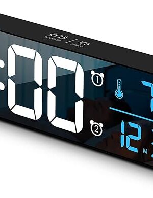 Digital Clock, Clock for Bedroom, Digital Wall Clock, Clocks for Living Room Decor, Desk Clock, Table Clock, Digital Clock Large Display, Smart Alarm Clock for Office Blue (Wired Black+Blue Digit)