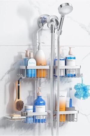 Aluminum Alloy Hanging Shower Caddy for Handheld Shower Heads,Rustproof Hose Shower Organizer 4 Levels Height Adjustable Shower Rack with Hooks,Razor Holder,Soap Holder