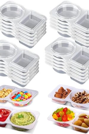 20 Sets Snack Condiment Containers with Lid, Disposable Double 2 compartments Dipping Container Refrige, Reusable Takeaway Sauce Dip Case Storage for Outdoor Sampling Travel Picnic Take-out (20)