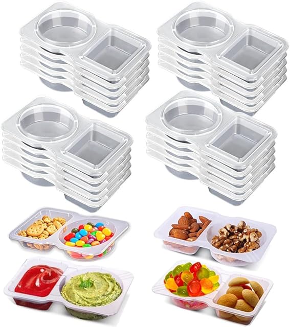 20 Sets Snack Condiment Containers with Lid, Disposable Double 2 compartments Dipping Container Refrige, Reusable Takeaway Sauce Dip Case Storage for Outdoor Sampling Travel Picnic Take-out (20)