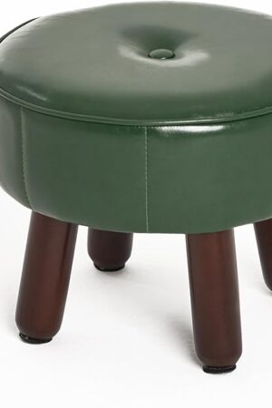 13in Small Foot Stool Ottoman, Round Faux Leather Foot Rest for Couch, Under Desk Pouf Footstool Footrest with Non-Skid Rubber Legs for Ling Room, Bedroom, 13''L x 13''W x 10.2''H, Green