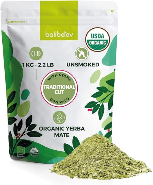 BALIBETOV USDA Organic Yerba Mate Tea Loose Leaf, 2.2. lb. Bag, Natural Traditional Cut, Clean High Energy, Unsmoked Artisanal, Gluten Free, Vegan Friendly, Hot or Cold Drink (2.2 Pounds (Pack of 1), Traditional Cut)