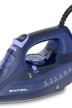 BEAUTURAL Steam Iron for Clothes with Precision Thermostat Dial, Ceramic Coated Soleplate, 3-Way Auto-Off, Self-Cleaning, Anti-Calcium, Anti-Drip Blue