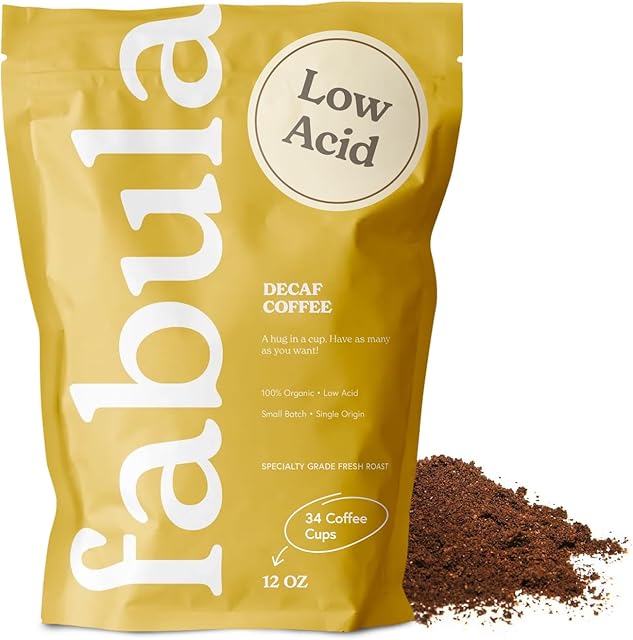 Fabula Low Acid Decaf Coffee Ground, USDA Organic Coffee Medium Roast - Single Origin - Non-GMO - No Molds - Mycotoxins Pesticides Free Coffee - 12 Oz