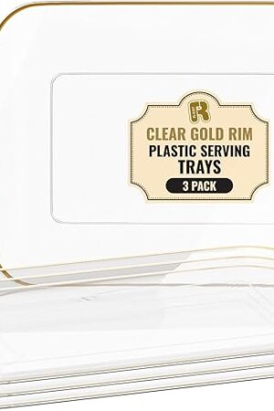 3 Pack Plastic Serving Trays for Party - Gold Serving Tray 8 by 11 Inch - Heavy Duty Dessert Trays for Food - Rectangular Party Serving Trays for Entertaining - Premium Party Trays - Clear Platters