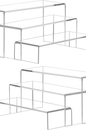 ANDGOO Large Acrylic Display Risers, 2 Sets(11.2?L~11.6?L~12?L) Clear Rectangular Showcase Collectibles Display Shelf, Retail Desktop Risers Display Stand for Organize and Decoration