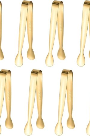 8PCS Gold Mini Metal Tongs, 4.3" Stainless Steel Tiny Tong, Small Kitchen Accessories for Serving Food, Ice, Sugar Cube, Salad, Toaster, Desserts