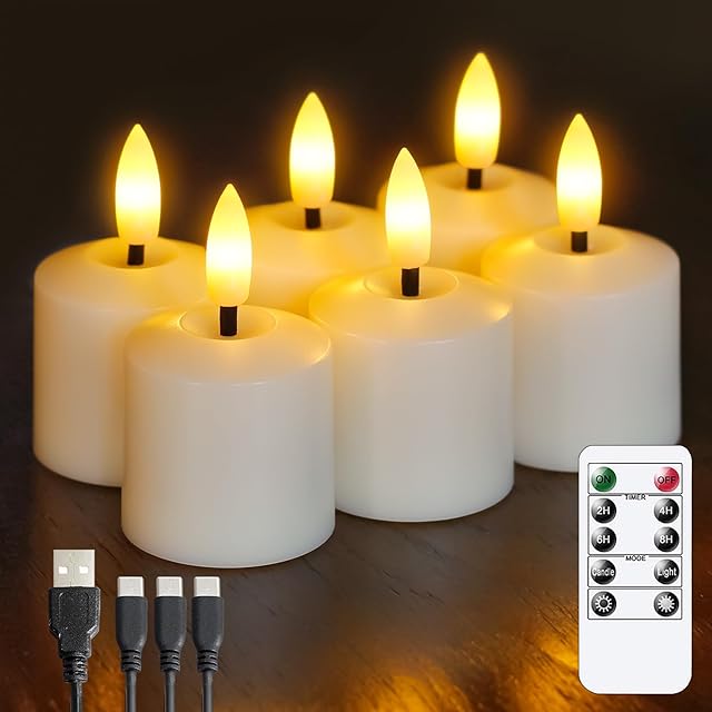 Rechargeable Small Flameless Tea Light Candles with Remote Function, LED Votive 2/4/6/8 Hours Timer Ivory 1.5" x2.5" Mini Plastic Set of 6 Tealight (Charging Cable Included)