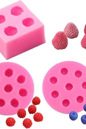 3Pcs/Set 3D Mini Strawberry, Raspberry & Blueberry Silicone Fondant Molds Soap Candle Mulberry Wax Melts Molds Berries Chocolate Candy Mold for Cake Cupcake Topper Decoration