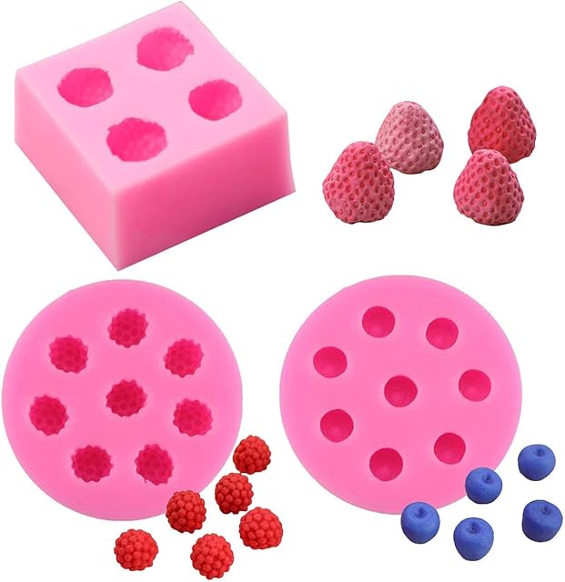 3Pcs/Set 3D Mini Strawberry, Raspberry & Blueberry Silicone Fondant Molds Soap Candle Mulberry Wax Melts Molds Berries Chocolate Candy Mold for Cake Cupcake Topper Decoration