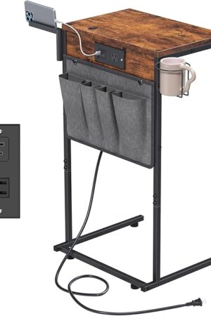 C Shaped End Table with Charging Station, Small TV Tray with Cup Holder and Phone Holder, Couch Side Tables that Slide Under with Storage Bag for Sofa, Recliner, Rustic Brown