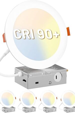 Amico 6 Pack 6 Inch 5CCT Ultra-Thin LED Recessed Ceiling Light, CRI90+ 2700K-5000K Selectable, 1100LM 15W, High Brightness Dimmable Canless Wafer Downlight - ETL&FCC&IC