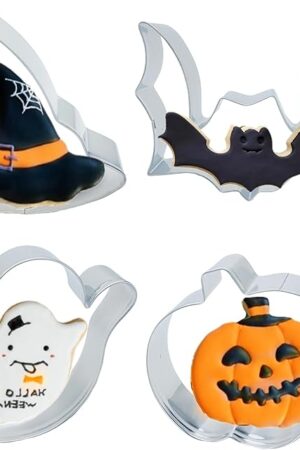 4PCS Large Halloween Cookie Cutters, Stainless Steel Metal Molds Pumpkin, Bat, Ghost, Wich's Hat Cookie Cutters with Decorating Instructions