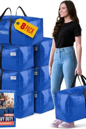 ClearSpace Extra Heavy Duty Moving Bags with Zipper, 8 Pack – Extra Large Storage Bags for Clothes, Moving Boxes or Packing for Organization - Clothing Storage with Carrying Handles