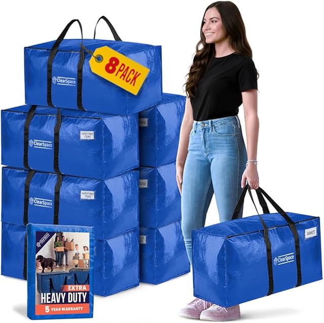 ClearSpace Extra Heavy Duty Moving Bags with Zipper, 8 Pack – Extra Large Storage Bags for Clothes, Moving Boxes or Packing for Organization - Clothing Storage with Carrying Handles