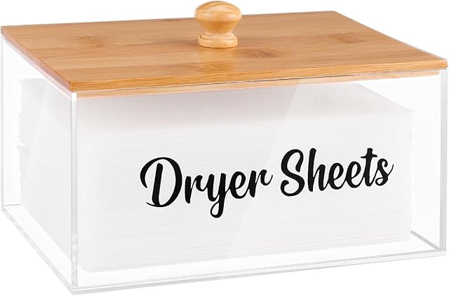 VOTLEVT Acrylic Dryer Sheet Holder with Bamboo Lid,Laundry Dryer Sheet Container and Dispenser for Laundry Room, Fabric Sheet Holder Laundry Organizer