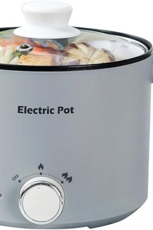 Electric Hot Pot:1.5 L Ramen Cooker, Dual Power Mini Portable Multi-Functional Lazy Pot for Pasta, Noodles, Egg, Soup, Non-Stick Noodle Cooker with Boil Dry Protection for Dorm, Office (Grey)