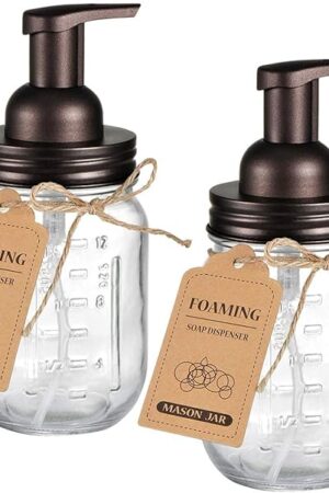 Amolliar Mason Jar Foaming Soap Dispenser, Rustproof Stainless Steel Lid, BPA Free Foam Pump, Waterproof Labels, Rustic Farmhouse Decor Refill Hand Soap Dispenser Bathroom Accessories– Bronze (2 Pack)