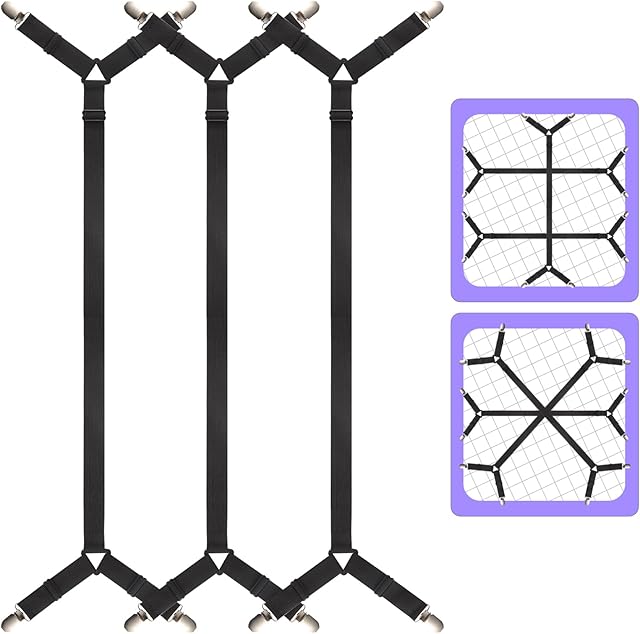 Bed Sheet Straps,3 PCS Secure and Sheet Holder Straps for Full Size Beds,Adjustable Crisscross Fitted Sheet Clips,Black