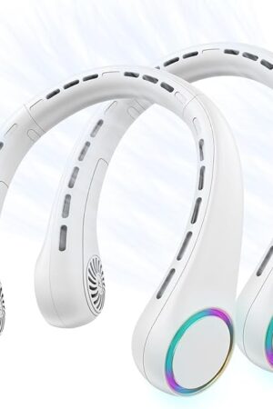 2 Pack Portable Neck Fan, Hands-Free Bladeless Design, 3 Speeds & 64 Cool Lights, 4000 mAh Battery Operated Rechargeable Wearable Personal Fan for Summer Cooling, Ideal for Outdoor, Indoor, Travel