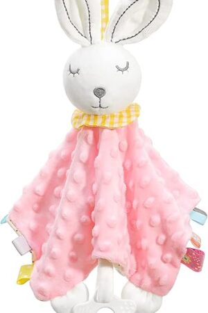 Zooawa Loveys for Babies, Security Blanket Soft Stuffed Animal Bunny Lovey Unisex Lovie Baby Stuff Snuggle Blanket with Tags Teether Bells, Soothing Plush Toys Baby Gift for Newborn, Pink Rabbit