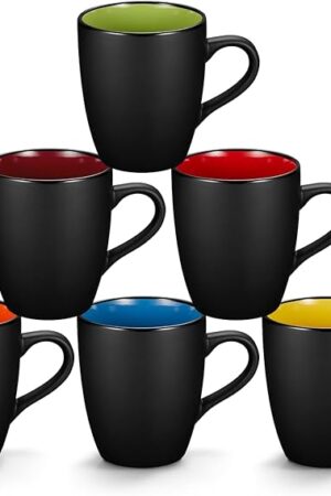 6 Pack Porcelain Coffee Mugs Set, 12 Ounces Ceramic Coffee Mugs, Matte Black Coffee Mug, Restaurant Cups for Coffee, Tea, Cappuccino, Cocoa, Cereal, Black outside and Colorful inside