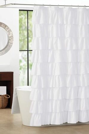 White Ruffle Shower Curtain - Farmhouse Cloth Bathroom 72 x 72 Inches Texture Fashion, Double Layer Fabric, not See Through.