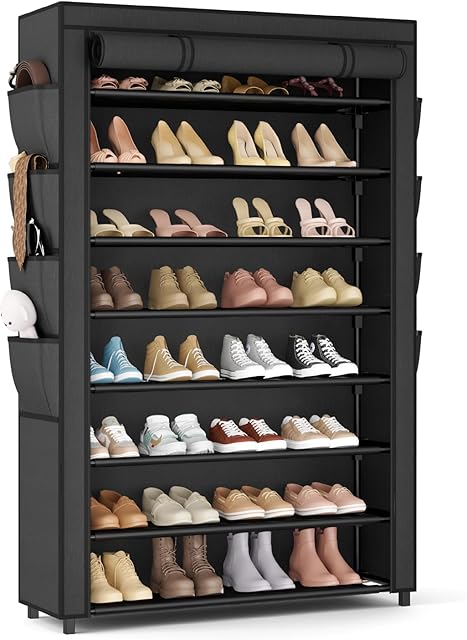 Shoe Rack with Cover, 8 Tier Tall Shoe Organizer Storage for 36-45 Pair Shoes and Boots Large Shoe Storage Shelf Free Standing Shoe Rack for Closet, Front Door Entrance, Dorm, Garage