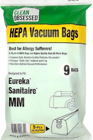 Clean Obsessed H-10 HEPA Bags Type MM Bags Replacement For Eureka Mighty Mite Models 3670, 3680 & Sanitaire Models S3680 & 3680. - 9 Cloth HEPA Bags per package