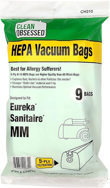 Clean Obsessed H-10 HEPA Bags Type MM Bags Replacement For Eureka Mighty Mite Models 3670, 3680 & Sanitaire Models S3680 & 3680. - 9 Cloth HEPA Bags per package